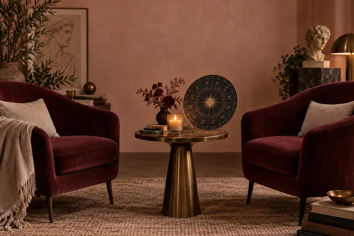 Two burgundy chairs face an illustrative astrology wheel and candle across a brass table, evoking mental attraction and the tension between debate and control.