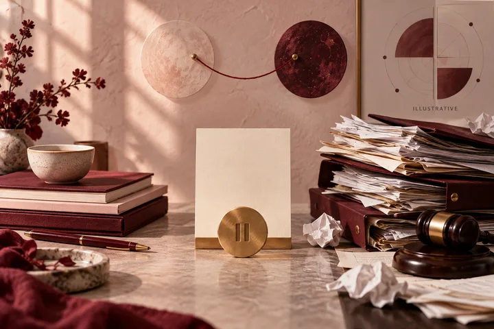 A blank boundary card and brass pause token sit between orderly papers and a messy case file beneath two symbolic celestial discs joined by red thread.
