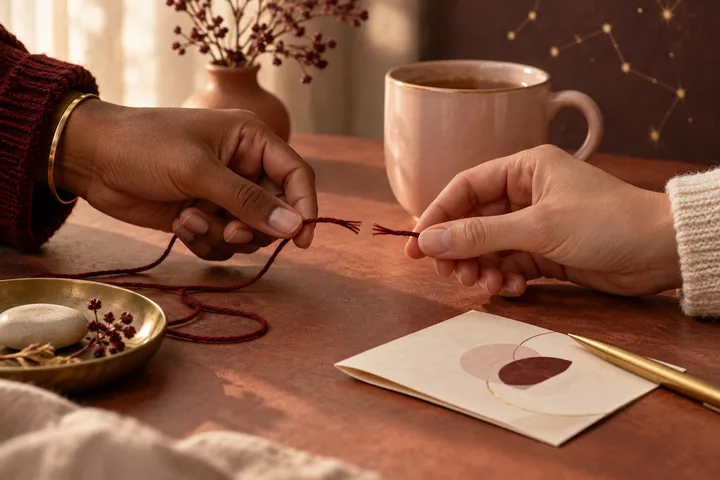 Two hands gently reconnect a snapped burgundy thread beside a blush cup and symbolic celestial note, suggesting listening and repair after disagreement.