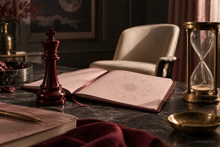 A burgundy chess king stands before an illustrative astrology notebook and nearly empty hourglass beside an empty chair, symbolizing debate used to hold power.