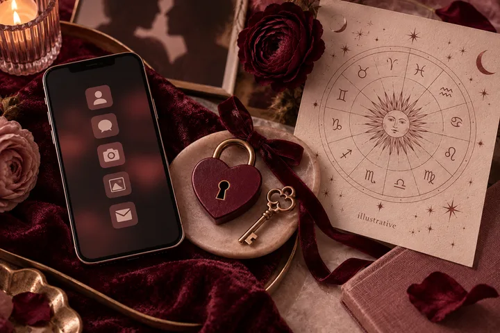 Burgundy still life of a phone beside a closed journal and an illustrative star chart, showing attraction beside a protected private life.