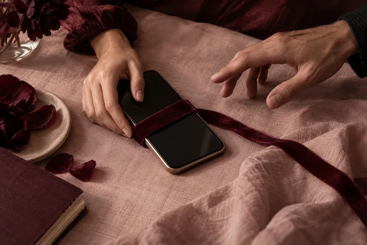 Blush and burgundy still life with a phone outside a ring of keys, illustrating a first boundary around account access.