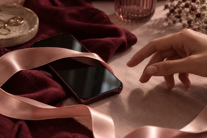 A burgundy ribbon crosses an illustrative chart beside a locked phone, symbolizing intensity held within consent.