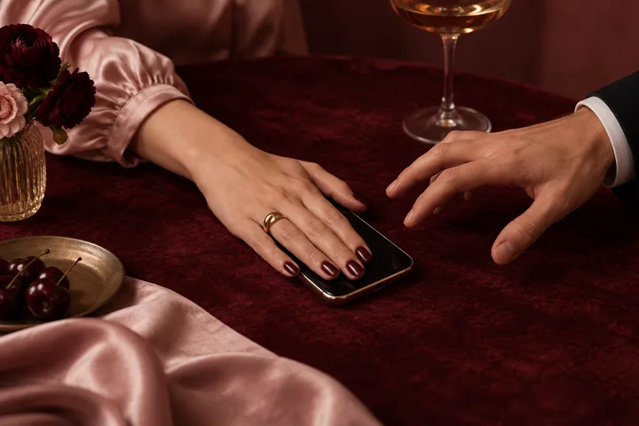 Blush still life with a handwritten boundary card, a phone, and a protective key, suggesting a clear next dating decision.