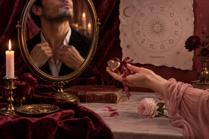 A candlelit table with a mirror reflecting a partially visible person adjusting a jacket, an illustrative zodiac chart, and a hand holding a ribbon-tied heart ornament.