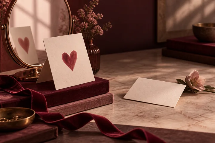 A heart-drawn card stands on stacked books beside a mirror, an open blank envelope, a flower, and burgundy ribbon on a tabletop.