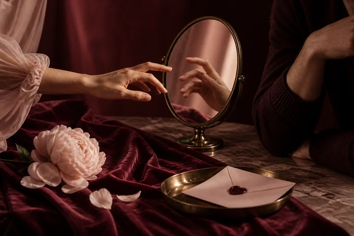 A hand reaches toward a small oval mirror while another partially visible person sits nearby; a sealed envelope rests in a brass dish beside a flower.
