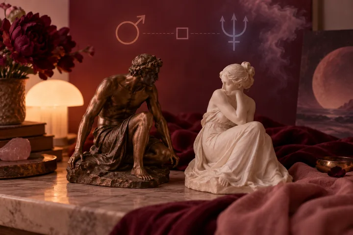 Two seated statues face each other on a marble table beneath a male symbol, a square, and a trident symbol; flowers, books, a glowing lamp, burgundy fabric, and a moonlit landscape fill the background.