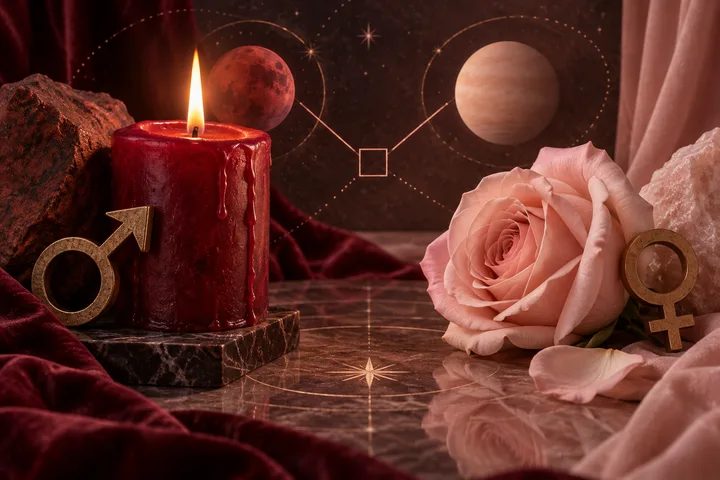 A lit burgundy candle and a pink rose sit beside bronze Mars and Venus symbols, with two planets and fine connecting lines against a dark starry backdrop.