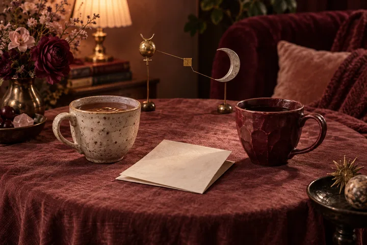 Two cups and a blank sheet of paper sit on a burgundy tablecloth, with a vase of flowers and a metal display linking a crescent moon to a small square in the background.