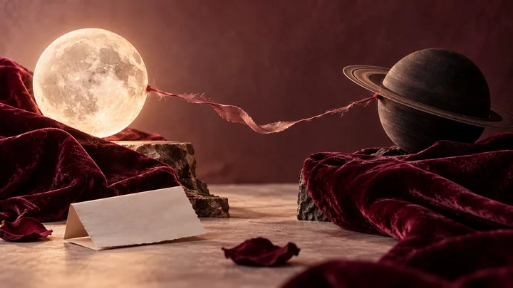 A glowing full moon and a ringed planet sit on opposite sides of a burgundy draped landscape, joined by a thin ribbon; a blank card rests in the foreground.