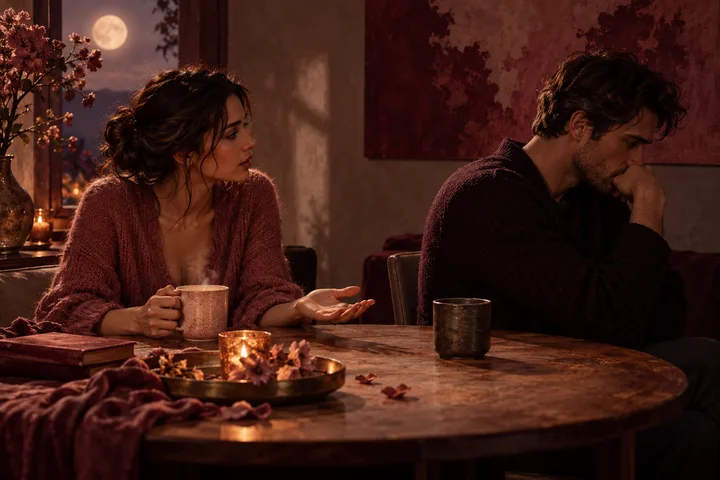 At a candlelit table, a woman holding a mug reaches toward a man who sits turned away with his hand near his face.
