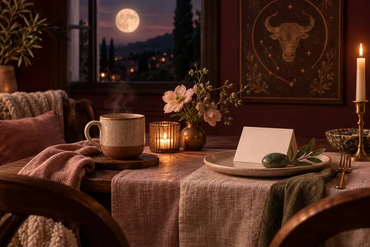 Warm burgundy and blush still life with two place settings, a full moon, Taurus artwork, and a blank note suggesting a choice about steady love.