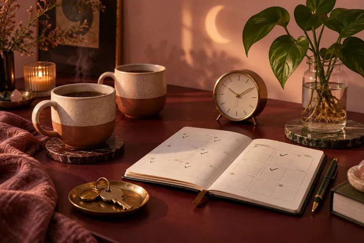 Burgundy editorial still life with two cups, a clock, keys, a checked blank planner, and a rooted plant symbolizing consistent follow-through in dating.