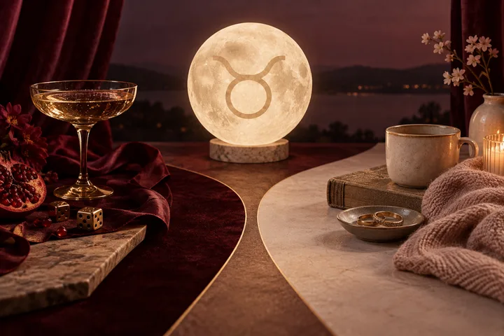 A Taurus glyph glows on a full moon between a burgundy cocktail and a warm cup, with rings and fruit grounding the intimate still life.