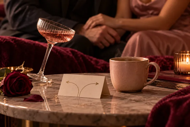 Two people sit together behind a marble table with a rose, tipped glass, and a small card marked by branching arrows, suggesting a dating choice.