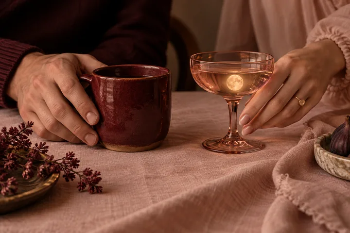 Two hands hold separate cups across a linen table while a small moon reflects in a glass, suggesting closeness with distinct needs.