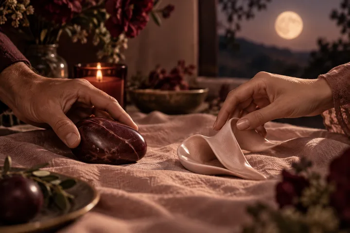 Two hands reach toward a burgundy stone and a folded pink cloth beneath moonlight, suggesting the balance between desire and boundaries.