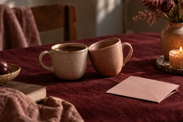 Two ceramic cups sit beside a sealed envelope on a burgundy table, suggesting a relationship conversation and an answer not yet opened.