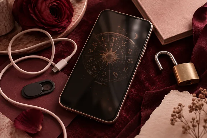 Flat lay of a smartphone displaying an illustrative zodiac wheel, beside a charging cable, camera cover, open padlock, burgundy flower, and notebook.