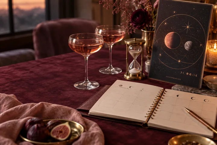 Burgundy and blush editorial still life with two wine glasses, an hourglass, an illustrative celestial card, and an open date planner