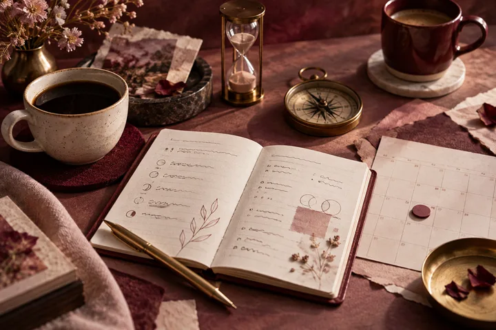 Tactile burgundy tabletop with an observation notebook, calendar, compass, hourglass, and two coffee cups