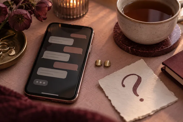 Close-up of an abstract messaging phone beside two brass pause markers, tea, and a question mark card