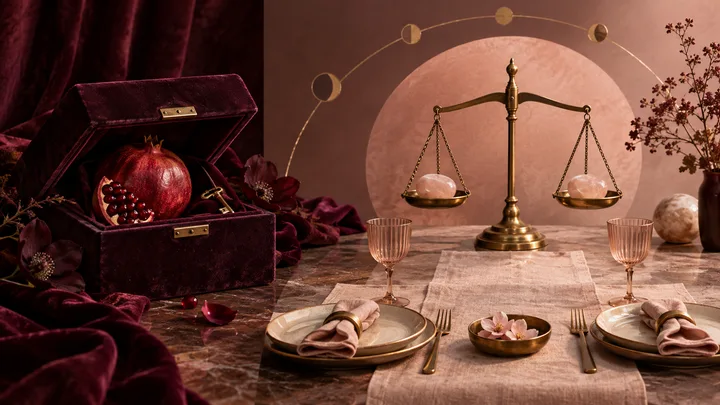Conceptual still life moving from a pomegranate and brass key to balanced scales and two place settings