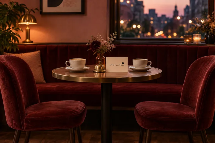 Two empty burgundy café chairs facing a table with two cups, a bell, and a simple question card