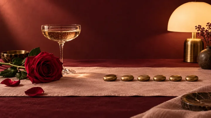 A single red rose and sparkling coupe contrasted with six steady brass markers on blush linen