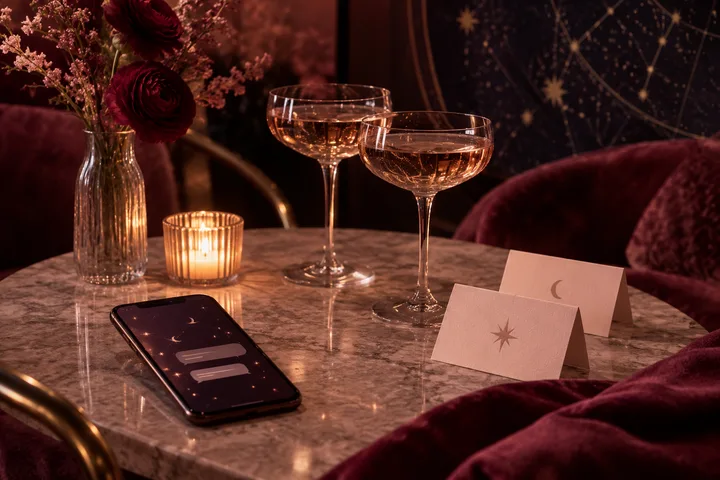 A candlelit table with two coupe glasses, burgundy flowers, a phone showing a starry screen, and cards marked with a crescent and star.