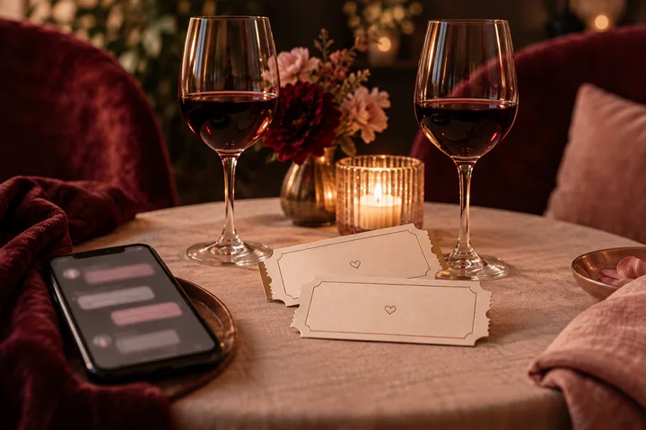 Two glasses of red wine and heart-marked tickets sit on a candlelit table beside a phone and flowers.