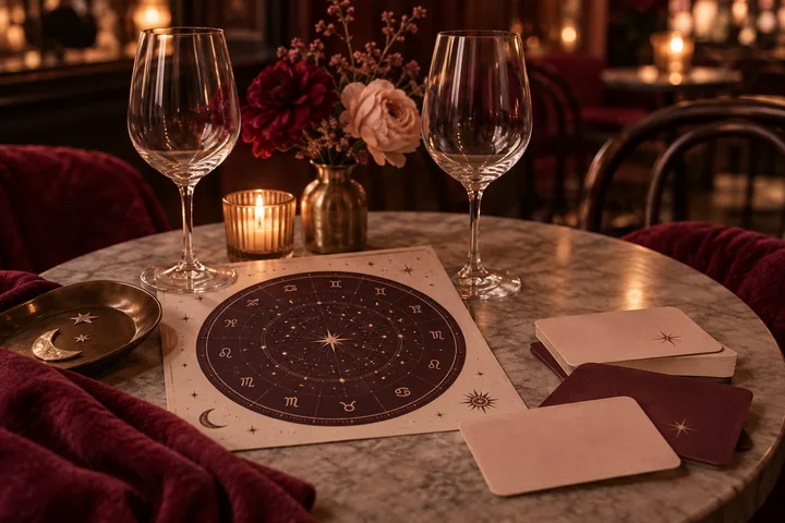 A candlelit table with two wine glasses, flowers, a circular star chart, and several cards.