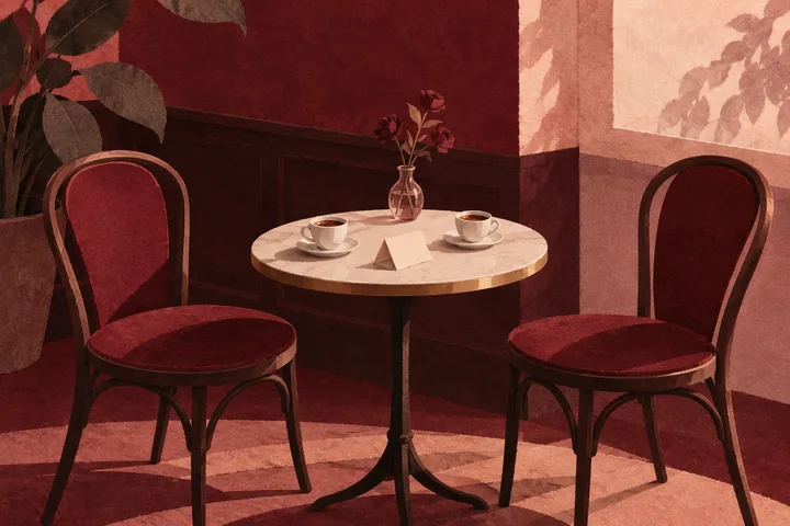 Two burgundy chairs face each other across a small round café table with two cups and a vase of roses.