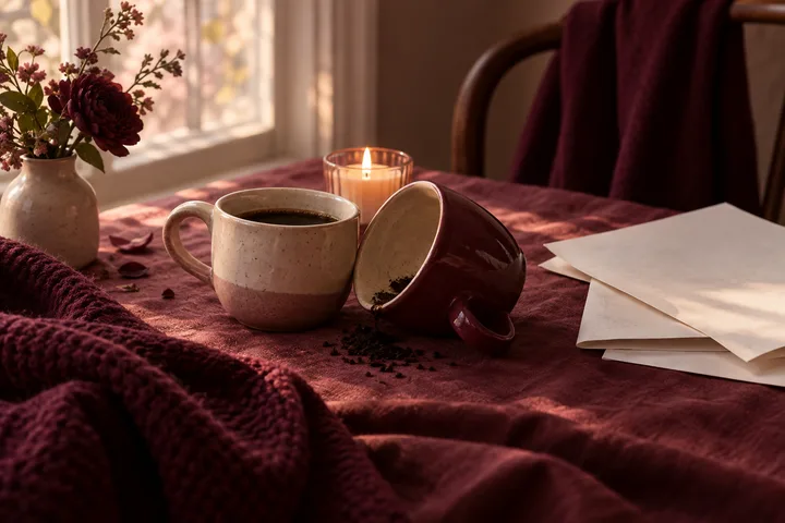 Two ceramic mugs, one tipped beside scattered coffee grounds, sit on a burgundy tablecloth with a lit candle, flowers, and papers.