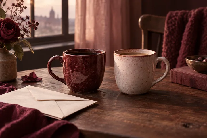 Two mugs sit on a wooden table beside a vase of flowers and folded letters, with a window and a draped chair in the background.