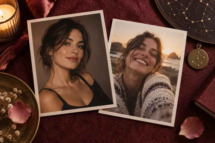Two portrait photos lie on burgundy fabric beside a candle and star-patterned ornaments.