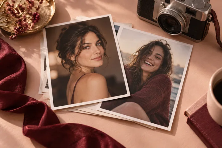 Several portrait photos are arranged beside a camera, flowers, and a cup.