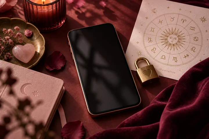 A phone, heart-shaped padlock, candle, pink stone, and illustrative zodiac chart arranged on burgundy cloth.