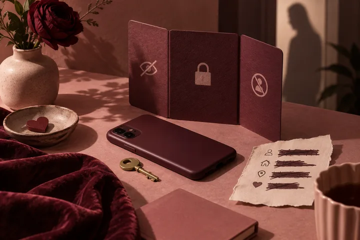 A burgundy phone beside a brass key, privacy symbols, and a shadowed figure on the wall.
