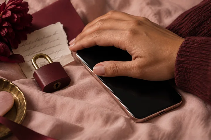 A woman's hand rests over a dark phone beside a red padlock, handwritten note, and pink stone.