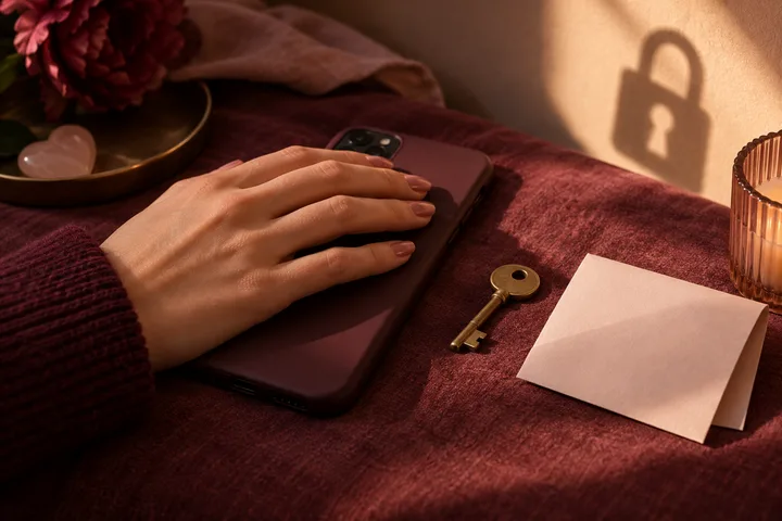 A hand covers a burgundy phone on velvet beside a brass key and sealed cream envelope.