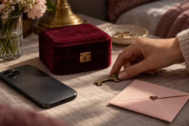 A hand reaches for a brass key beside a locked burgundy jewelry box, phone, and pink envelope.