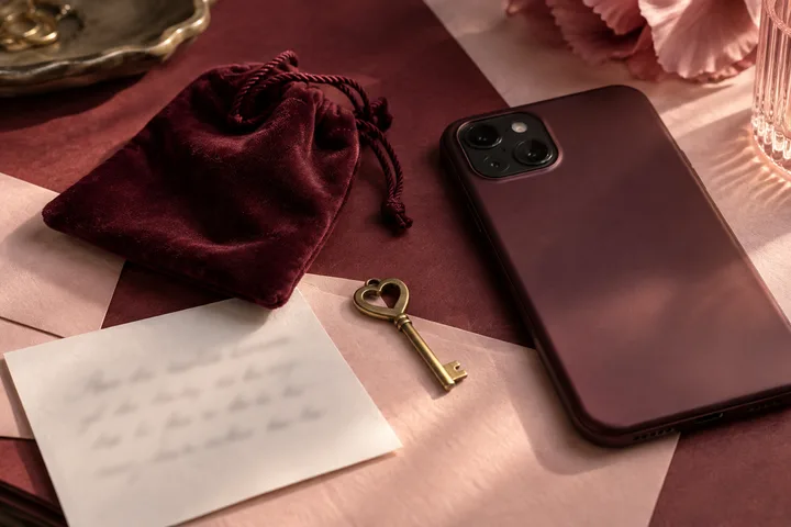 A burgundy phone, heart-shaped key, velvet pouch, and blurred handwritten note on a pink table.