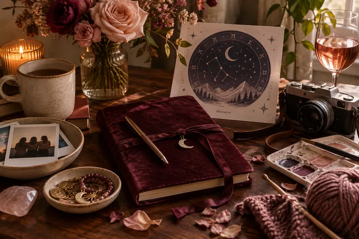 Burgundy journal with a crescent charm sits beneath an illustrative moon chart, beside a camera, watercolor palette, knitting, flowers, and a photo of friends.
