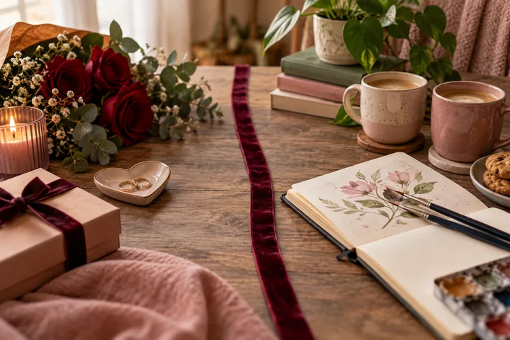 A burgundy ribbon runs down the center of a table, separating roses and wrapped gifts from an open flower-painting journal, brushes, coffee cups, and houseplants.