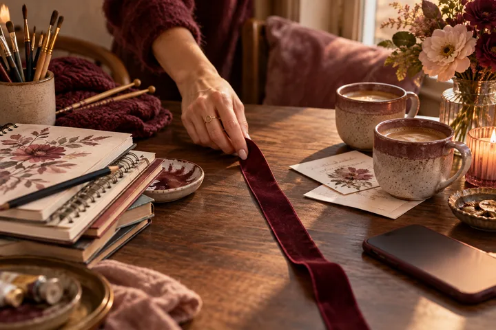 A woman places a burgundy ribbon between watercolor notebooks and yarn on one side and coffee, flowers, and a phone on the other.