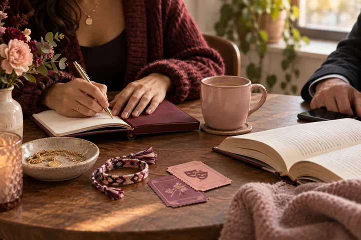 A woman writes in a burgundy journal across a table from a man reading, with an open book, pink mug, flowers, and friendship bracelets between them.