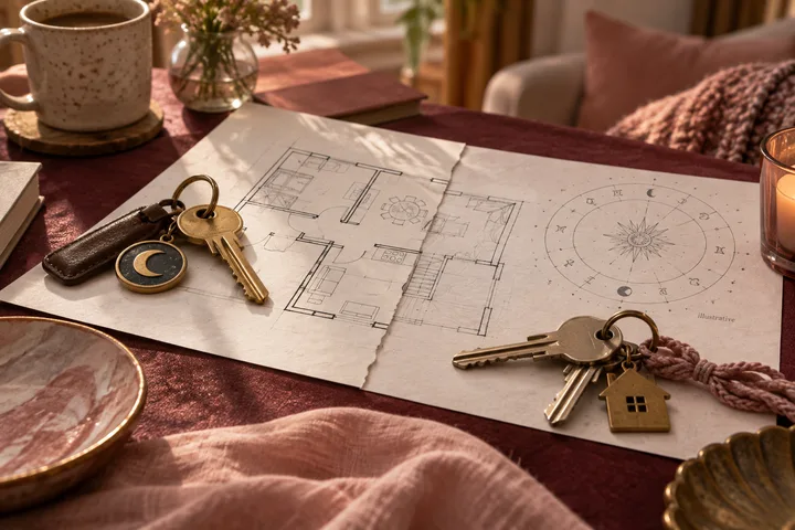 House floor plans and a circular zodiac-style diagram lie on a burgundy-covered table beside two sets of keys, a house-shaped keychain, a candle, and a coffee cup.