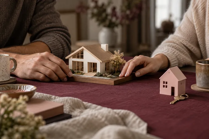 Two pairs of hands rest beside a detailed miniature house, with a small pink house and a key on a burgundy-covered table.